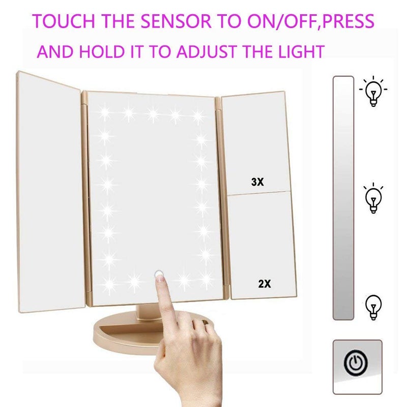 deweisn Floor Mount Tri-Fold Lighted Vanity Mirror with 21 LED Lights, Touch Screen and 3X/2X/1X Magnification, Two Power Supply Modes Make Up Mirror,Travel Mirror - Image 4